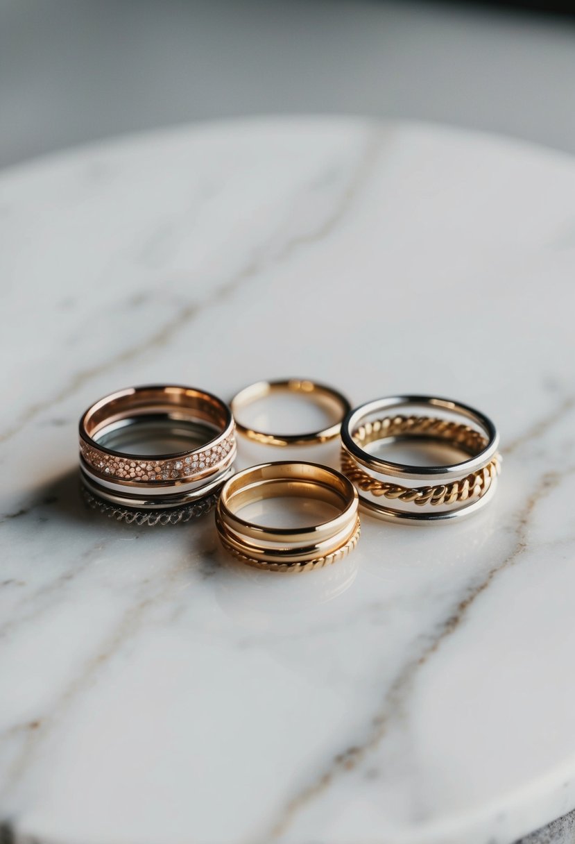 A collection of stackable rings in mixed metals arranged on a white marble surface, with various textures and designs