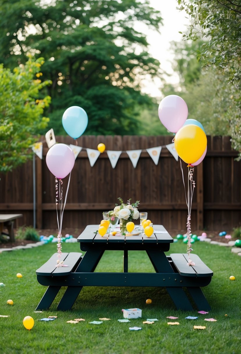 A backyard with scattered clues, balloons, and a picnic table set up for a DIY scavenger hunt to celebrate a 64th wedding anniversary