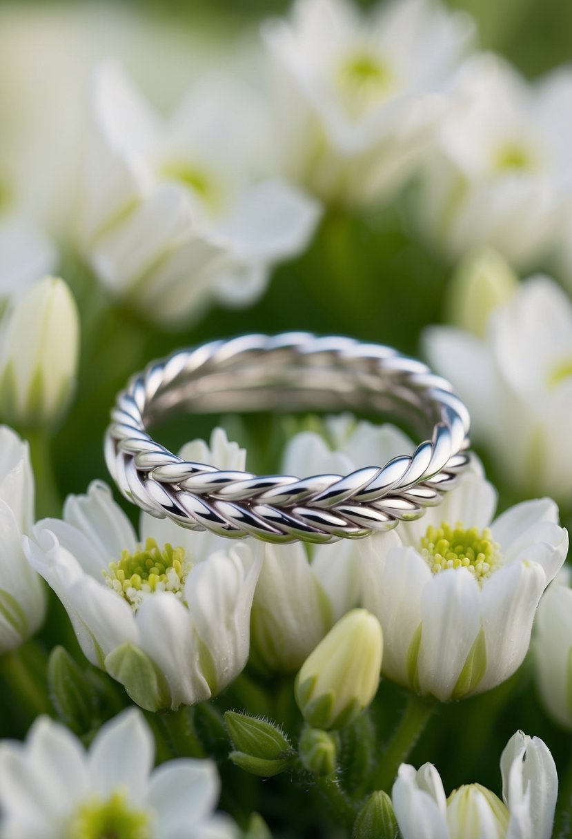 A braided platinum band wedding ring resting on a bed of delicate white flowers