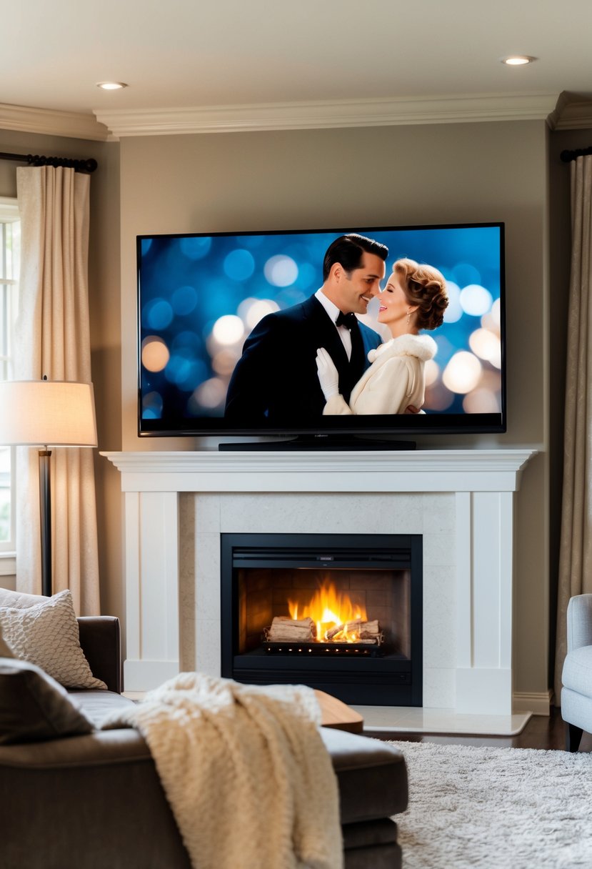 A warm living room with a glowing fireplace, soft blankets, and a big screen TV showing a classic romance film