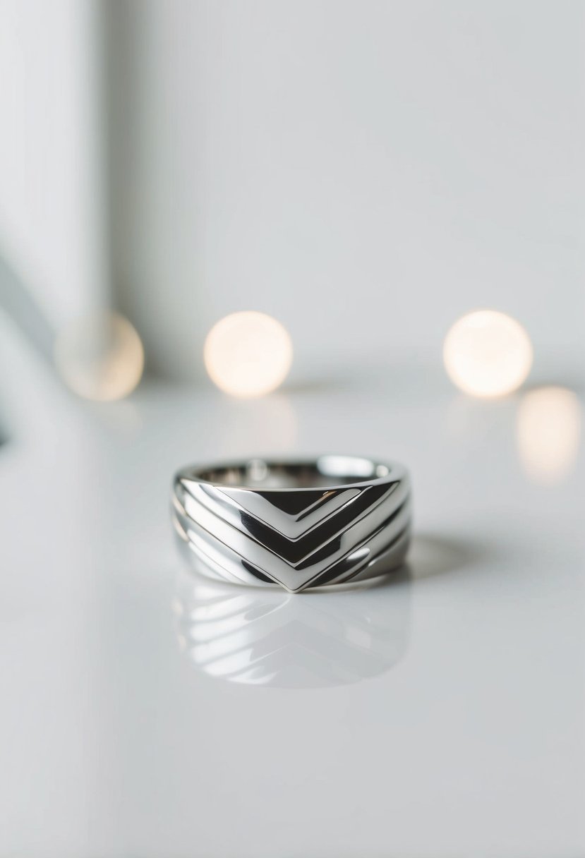 A close-up of a sleek, modern wedding ring with a geometric chevron design, set against a clean, minimalist background