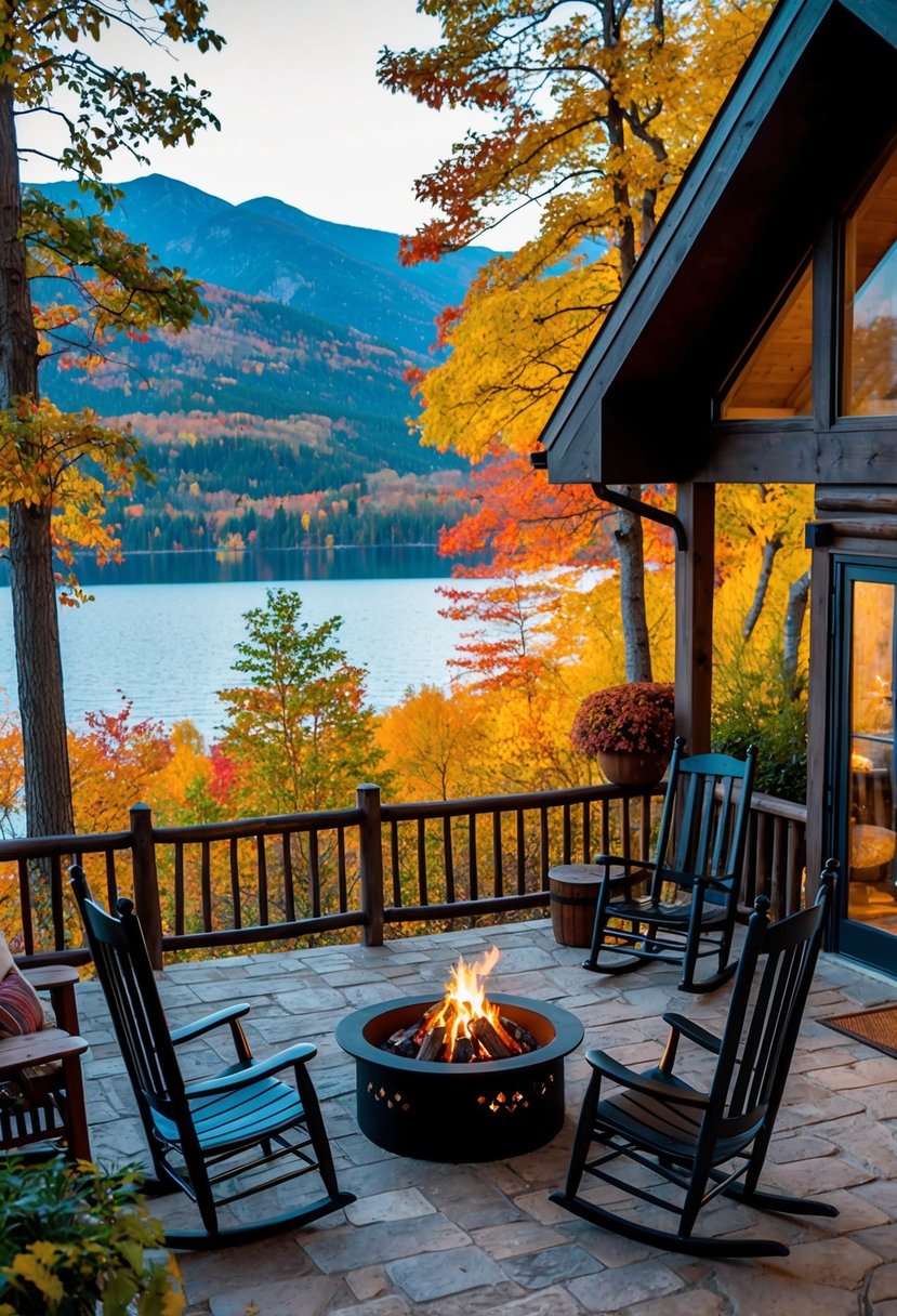 A cozy cabin nestled in the mountains, surrounded by colorful autumn foliage and a serene lake, with a crackling fire pit and two rocking chairs on the porch