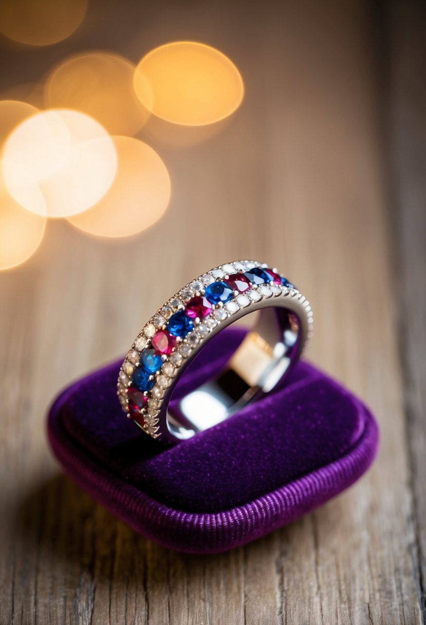 A sparkling colored gemstone-embedded band wedding ring rests on a velvet cushion under soft, warm lighting