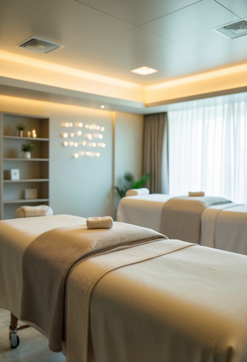 A serene spa room with two massage tables, soft lighting, and tranquil music playing in the background