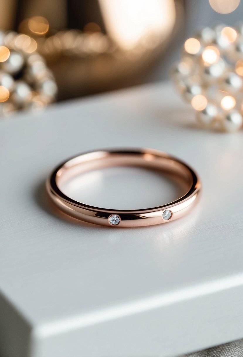 A delicate rose gold band with minimalist design, surrounded by soft lighting and elegant decor