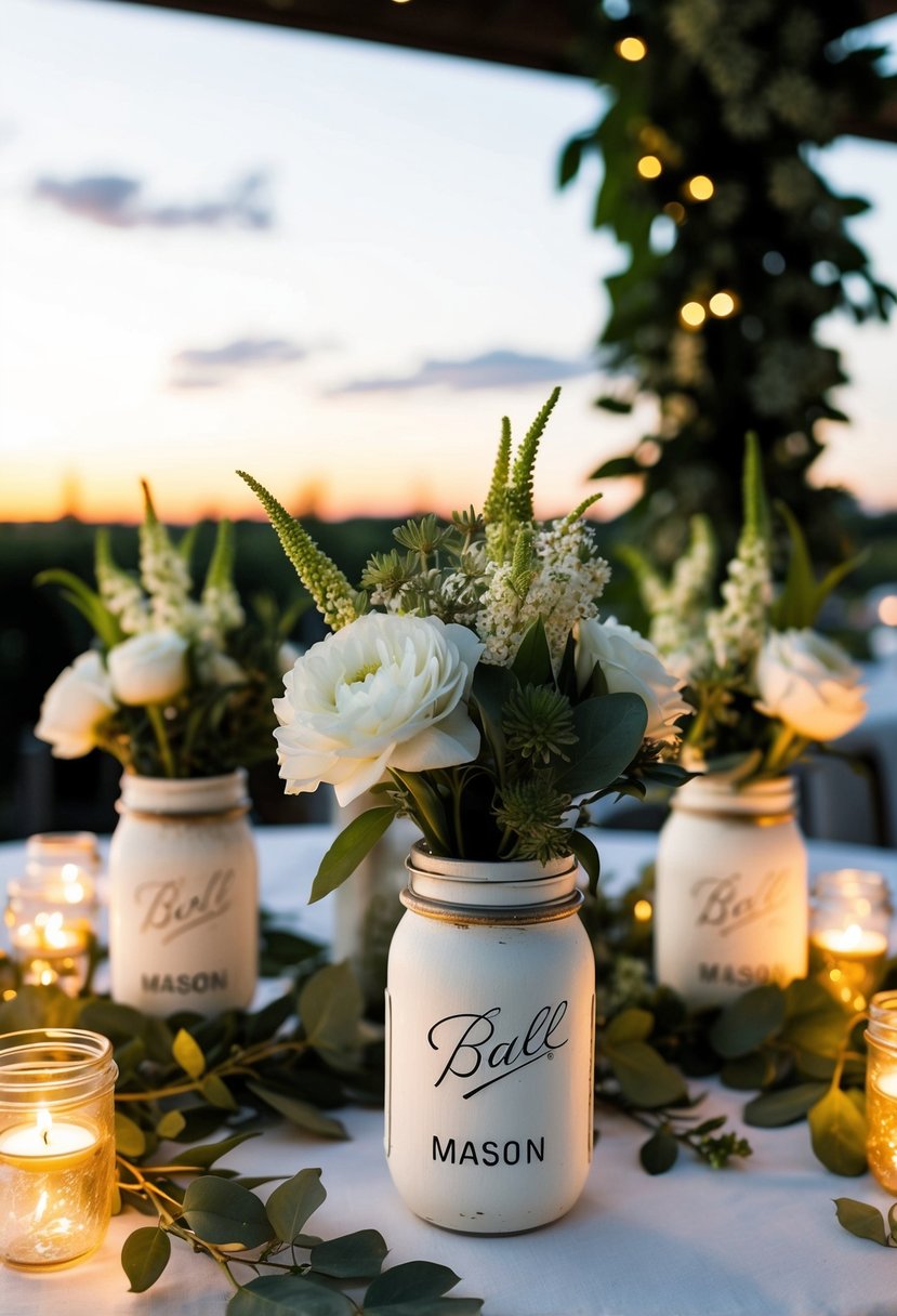 A table set with repurposed wedding flowers in mason jars, surrounded by flickering tea lights and greenery