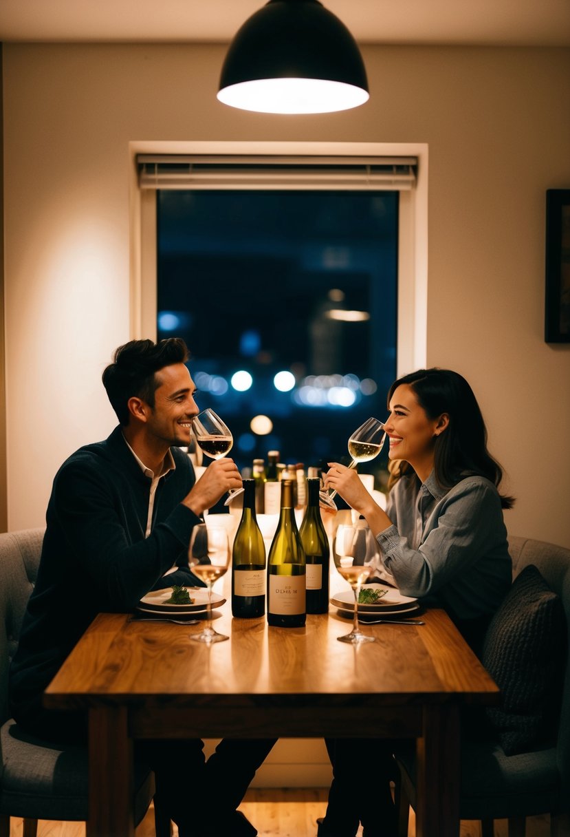 A cozy, dimly lit room with wine bottles and glasses arranged on a wooden table. A couple sits across from each other, sipping wine and smiling