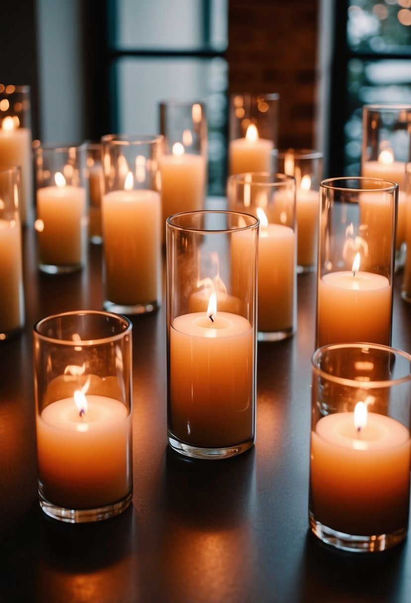 Cylindrical vases with floating candles arranged on a table, casting a warm and romantic glow