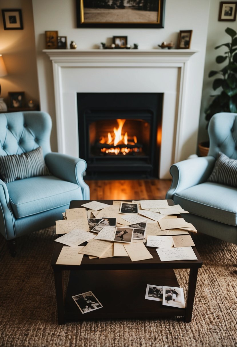 A cozy living room with two armchairs facing each other, a crackling fireplace, and a table strewn with handwritten love letters and old photographs