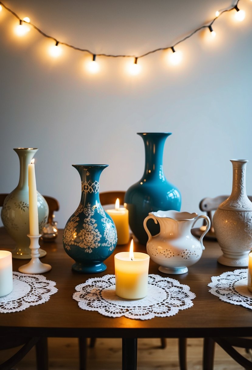 A table adorned with mismatched vintage vases, candles, and lace doilies. A string of twinkling fairy lights drapes above, casting a warm glow