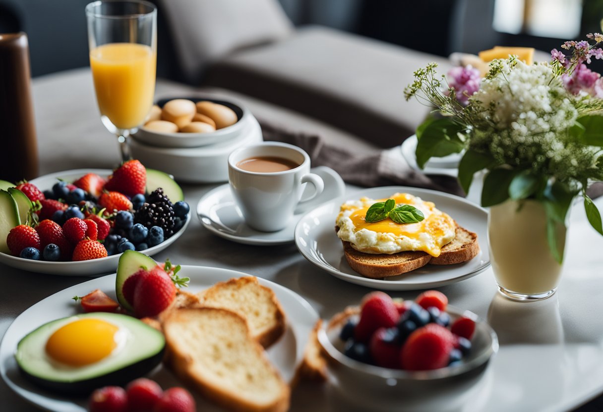 A hotel room breakfast spread with keto-friendly options like eggs, avocado, bacon, cheese, and berries arranged on a table with a pot of coffee and a vase of fresh flowers