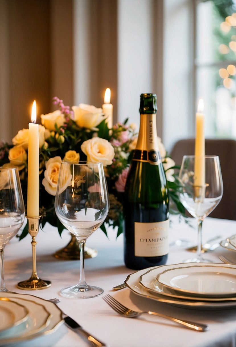 A beautifully set table with candles, fine china, and a floral centerpiece. Two wine glasses and a bottle of champagne sit ready for toasting