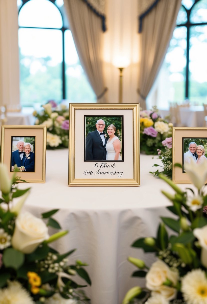 A room adorned with flowers and framed photos, commemorating a 64th wedding anniversary