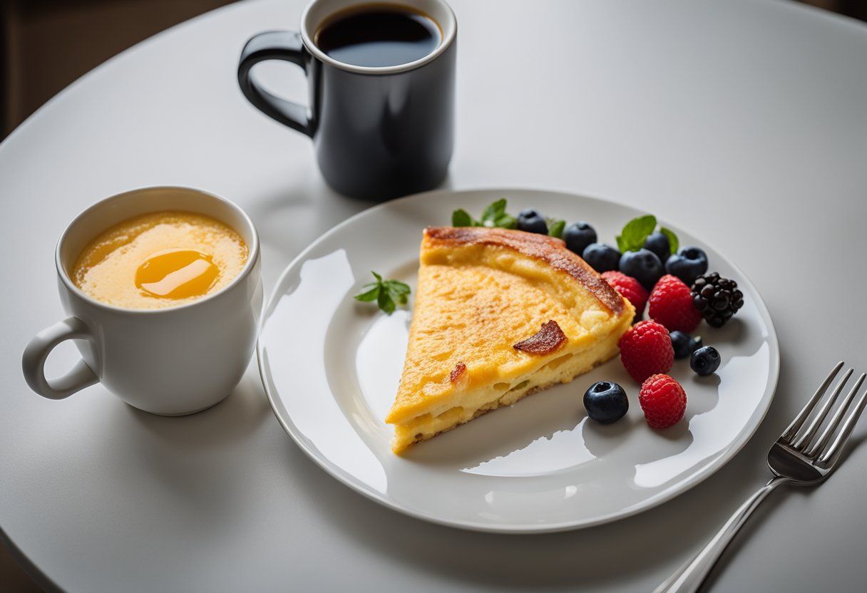 A plate with a microwave bacon and cheese omelet, accompanied by a side of fresh berries and a cup of black coffee on a hotel room table