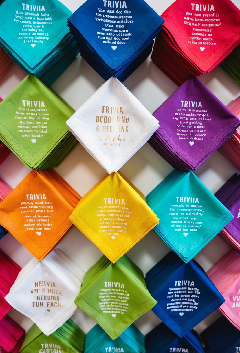 Colorful napkins arranged in a playful, trivia-themed display, with wedding-related questions and fun facts printed on them, serving as budget-friendly table decorations