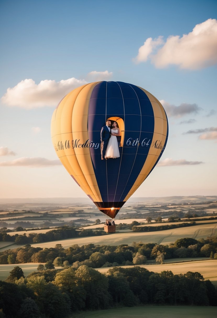 A hot air balloon floats above a picturesque landscape, with a couple inside celebrating their 64th wedding anniversary