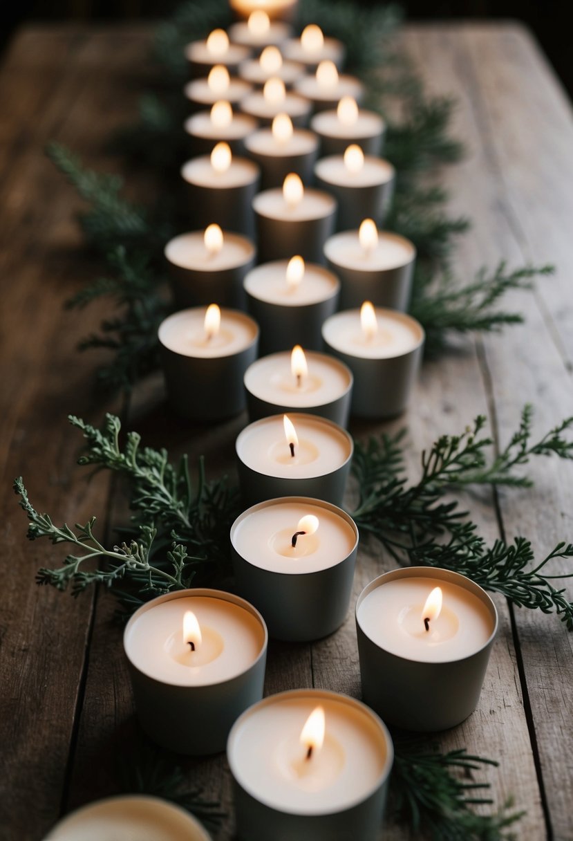 Several votive candles arranged in a symmetrical pattern on a rustic wooden table, surrounded by delicate greenery and soft candlelight