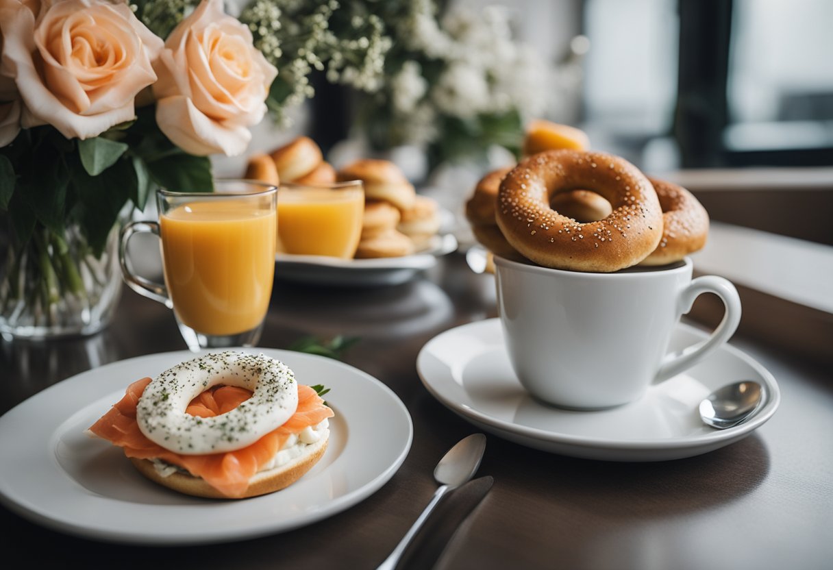 A hotel room breakfast spread: a plate of cream cheese and smoked salmon bagels, accompanied by a pot of hot coffee and a small vase of fresh flowers