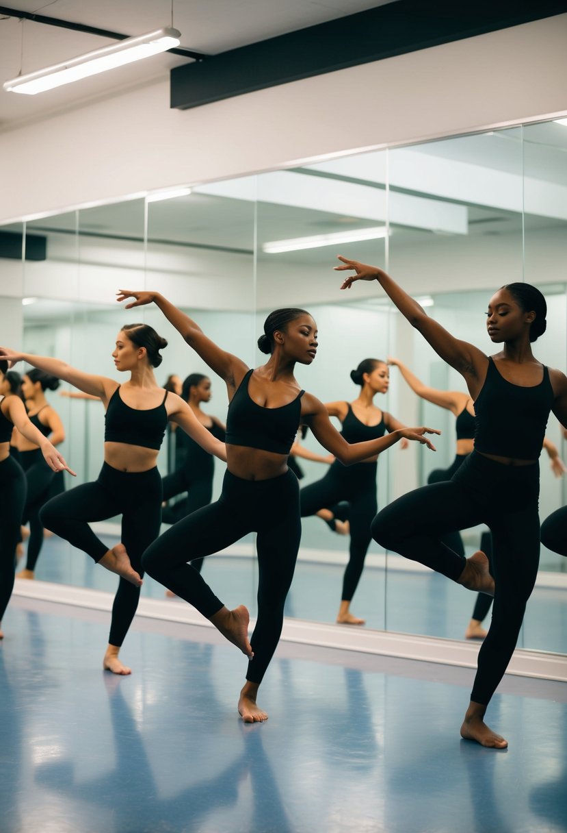 A group of dancers in a studio, moving gracefully in sync to the rhythm of the music. Mirrors line the walls, reflecting their movements