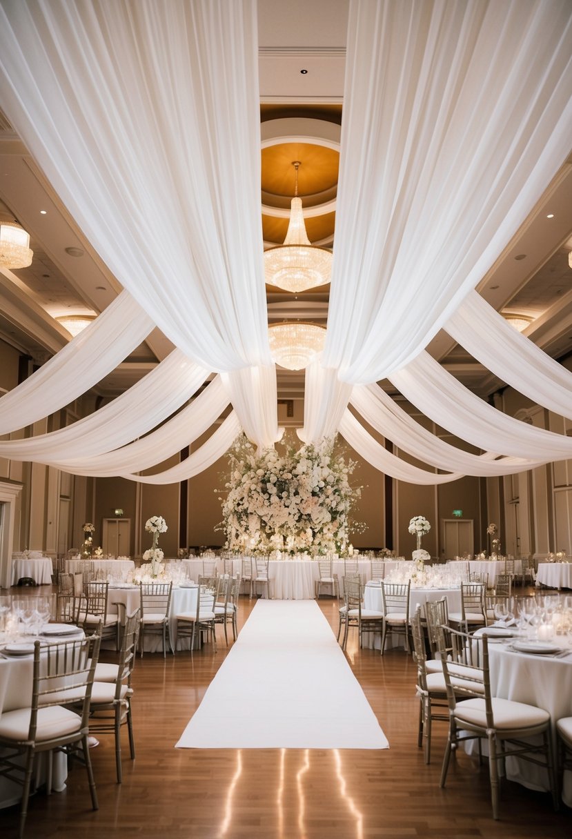 A grand ballroom adorned with flowing white fabric, draped from ceiling to floor, creating an elegant and ethereal atmosphere for a budget-friendly wedding