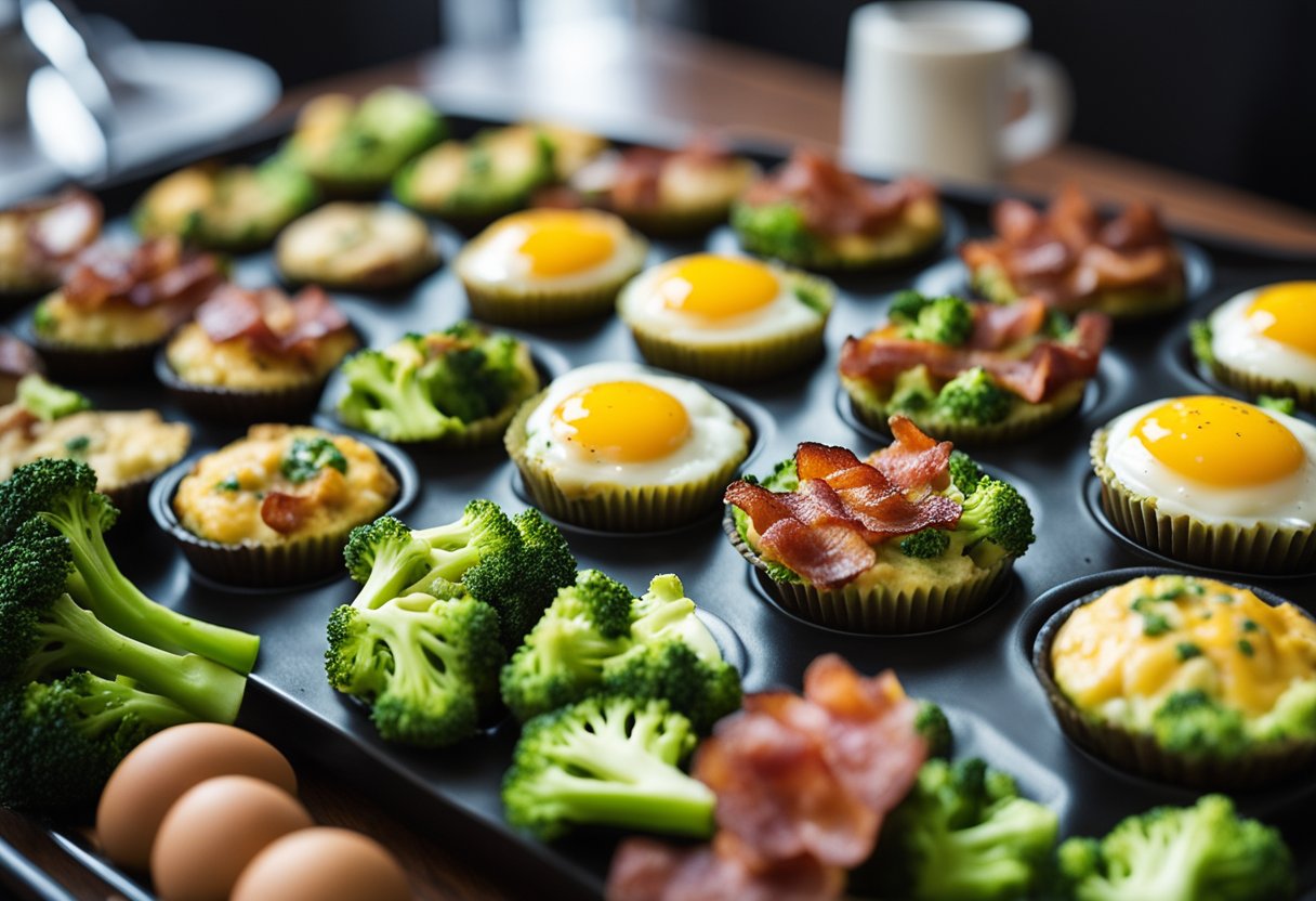 A tray of keto egg muffins with bacon and broccoli surrounded by a variety of low-carb breakfast options in a hotel room setting