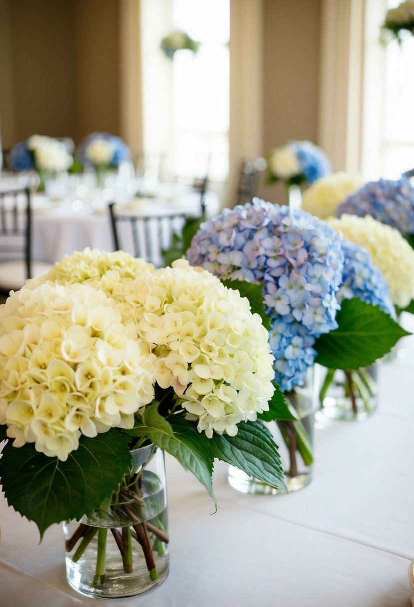 A table adorned with affordable bouquets of hydrangeas, creating elegant wedding decorations on a budget