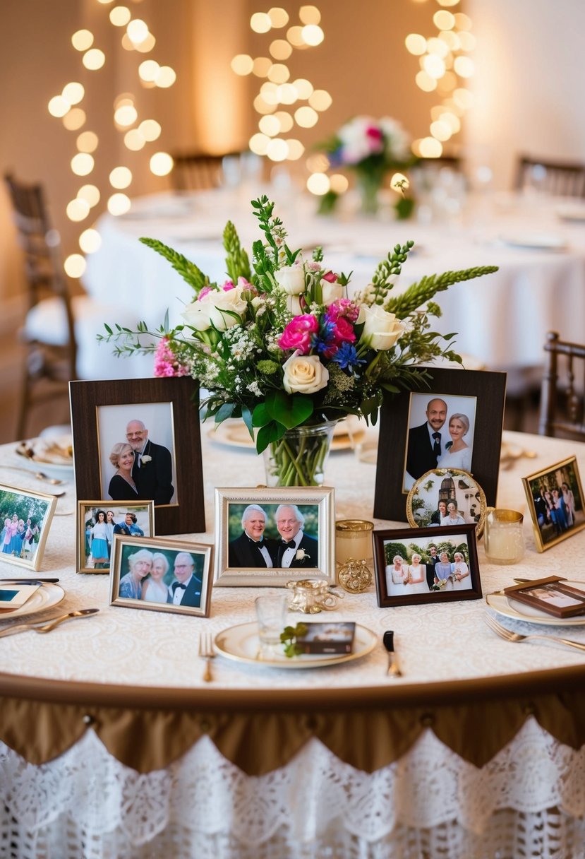 A table set with a lace tablecloth, adorned with photos, flowers, and mementos from 64 years of marriage