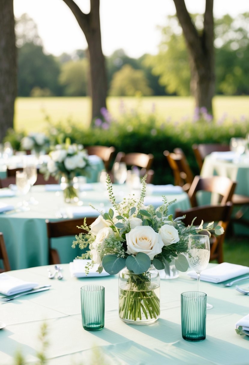 A serene outdoor wedding with sage green tablecloths, floral centerpieces, and delicate greenery accents