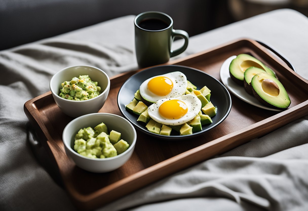 A hotel room breakfast spread with a bowl of avocado and egg salad, a plate of keto-friendly options, and a cup of coffee on a tray