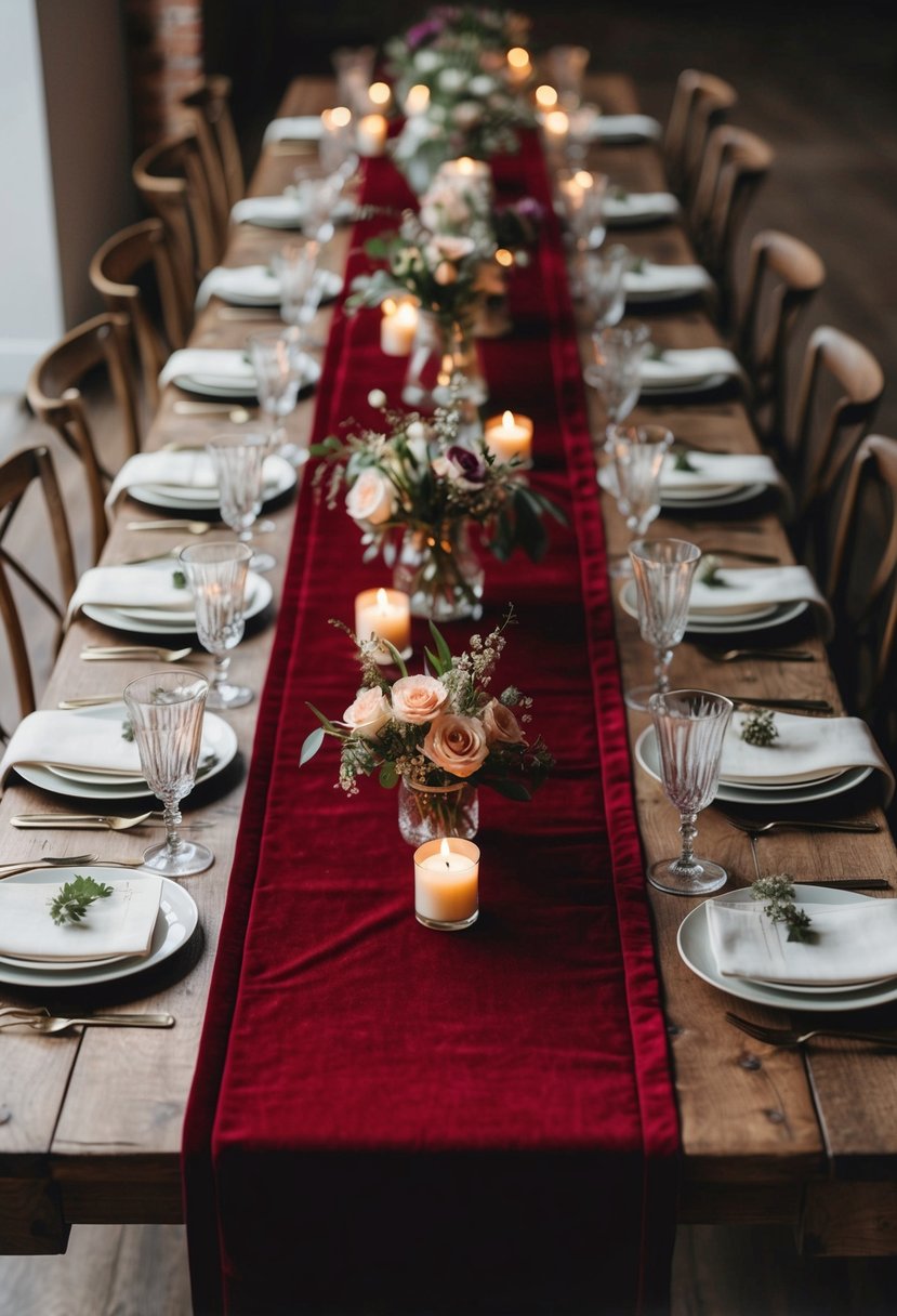 A long, rich velvet table runner drapes elegantly across a rustic wooden table, adorned with delicate floral centerpieces and flickering candlelight