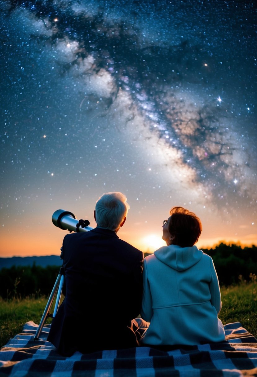 A couple sits on a blanket, gazing up at the stars through a telescope while celebrating their 64th wedding anniversary