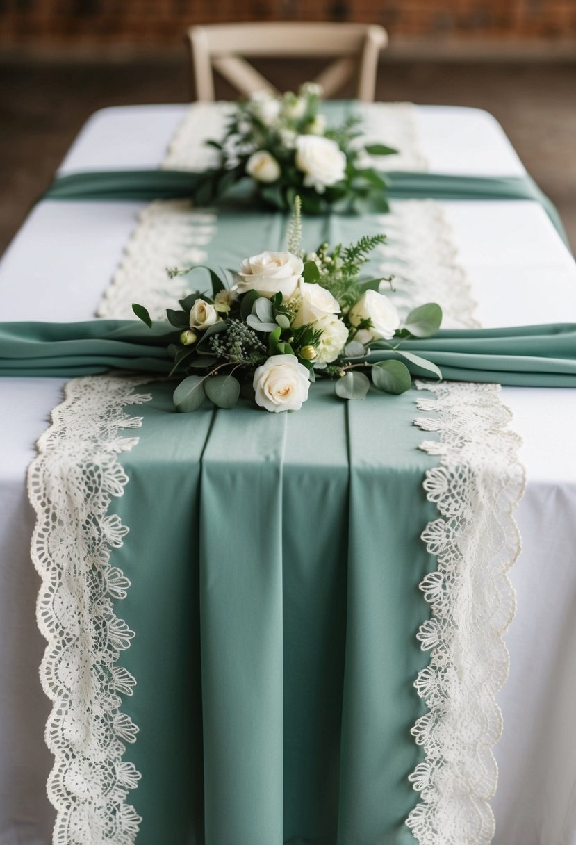 Sage green table runners with white lace draped over tables