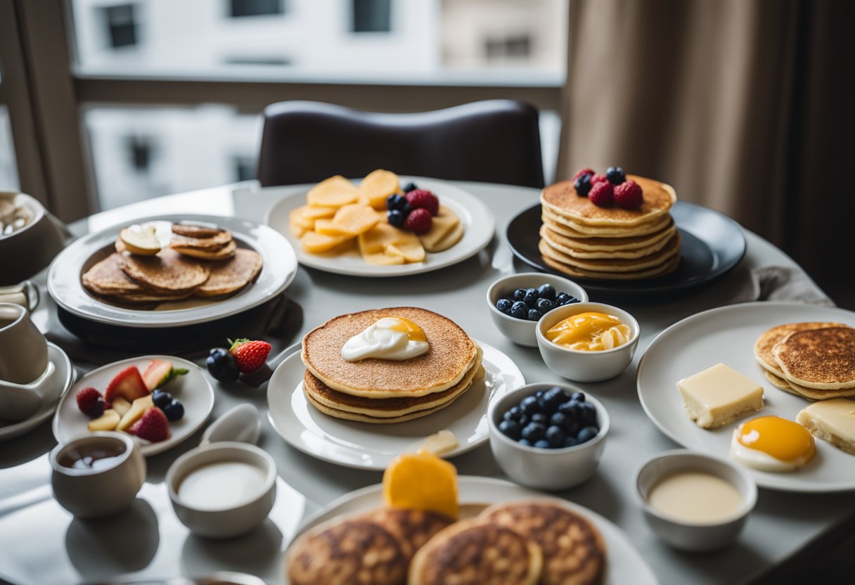 A hotel room breakfast spread with almond flour pancakes and keto-friendly options on a tray