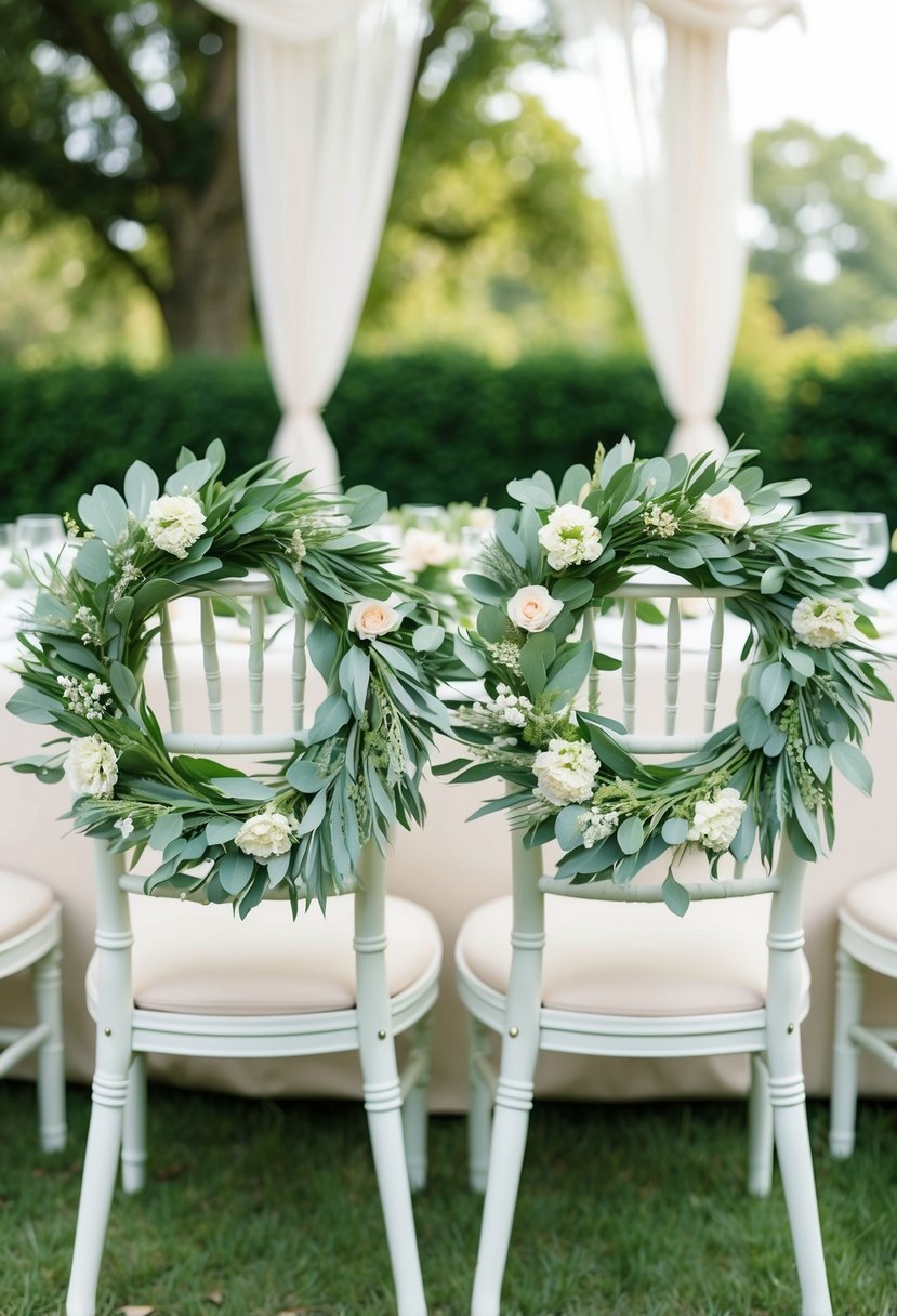 A pair of sage green floral wreaths adorning the backs of two elegant chairs, adding a touch of natural beauty to a wedding decor