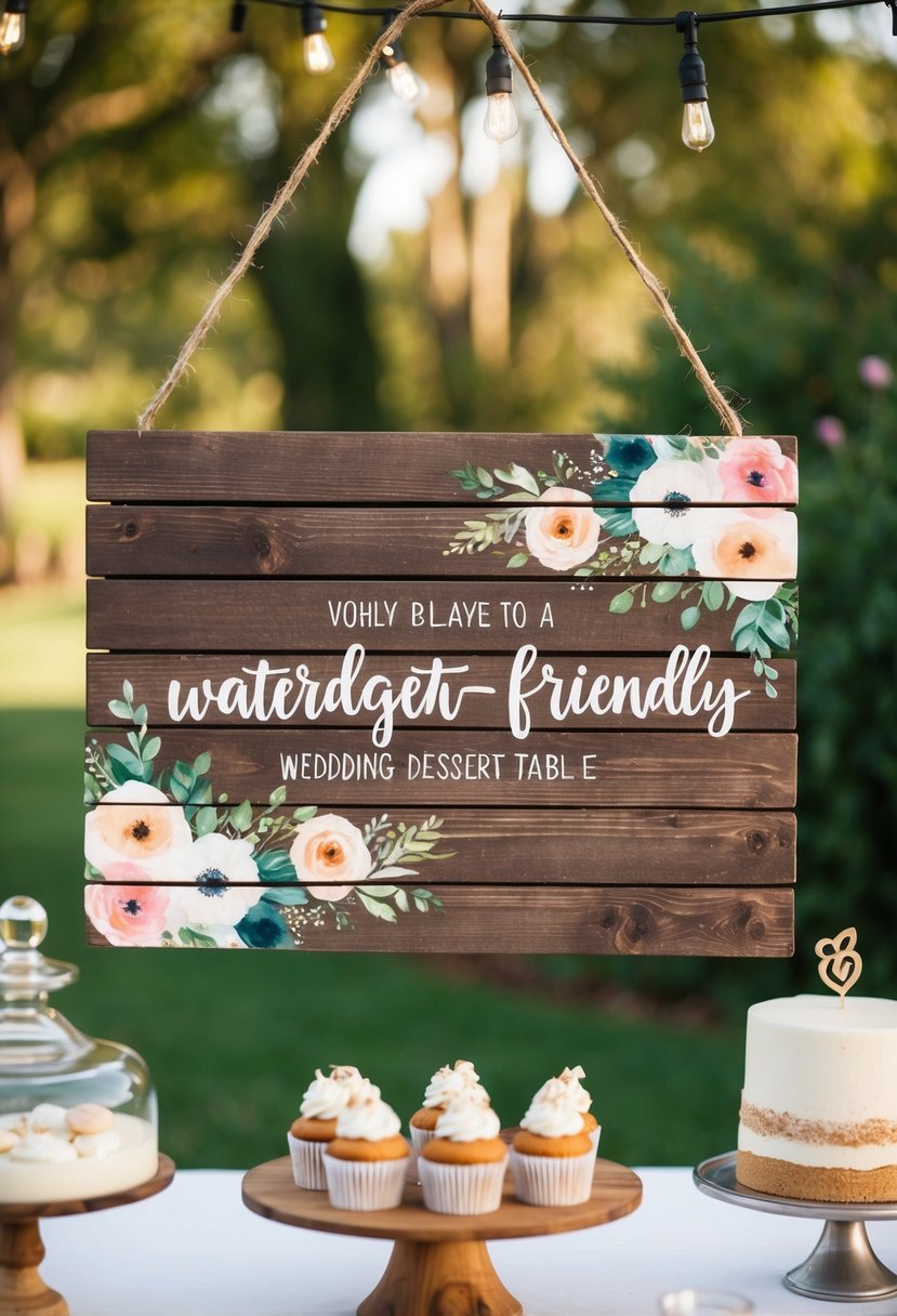 A rustic wooden sign with watercolor floral designs hung above a budget-friendly wedding dessert table