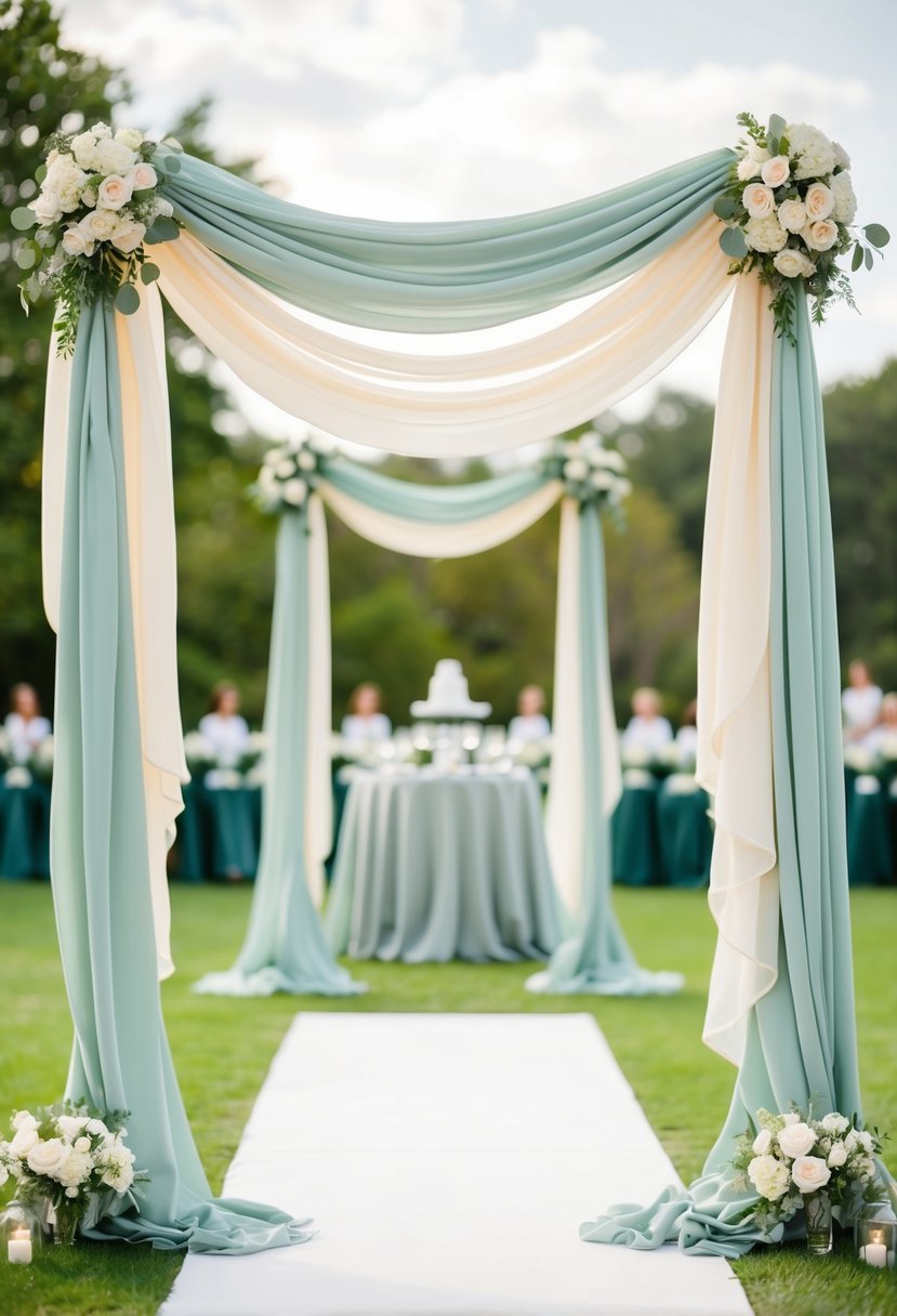 A wedding arch adorned with sage and ivory drapery, surrounded by sage green decor