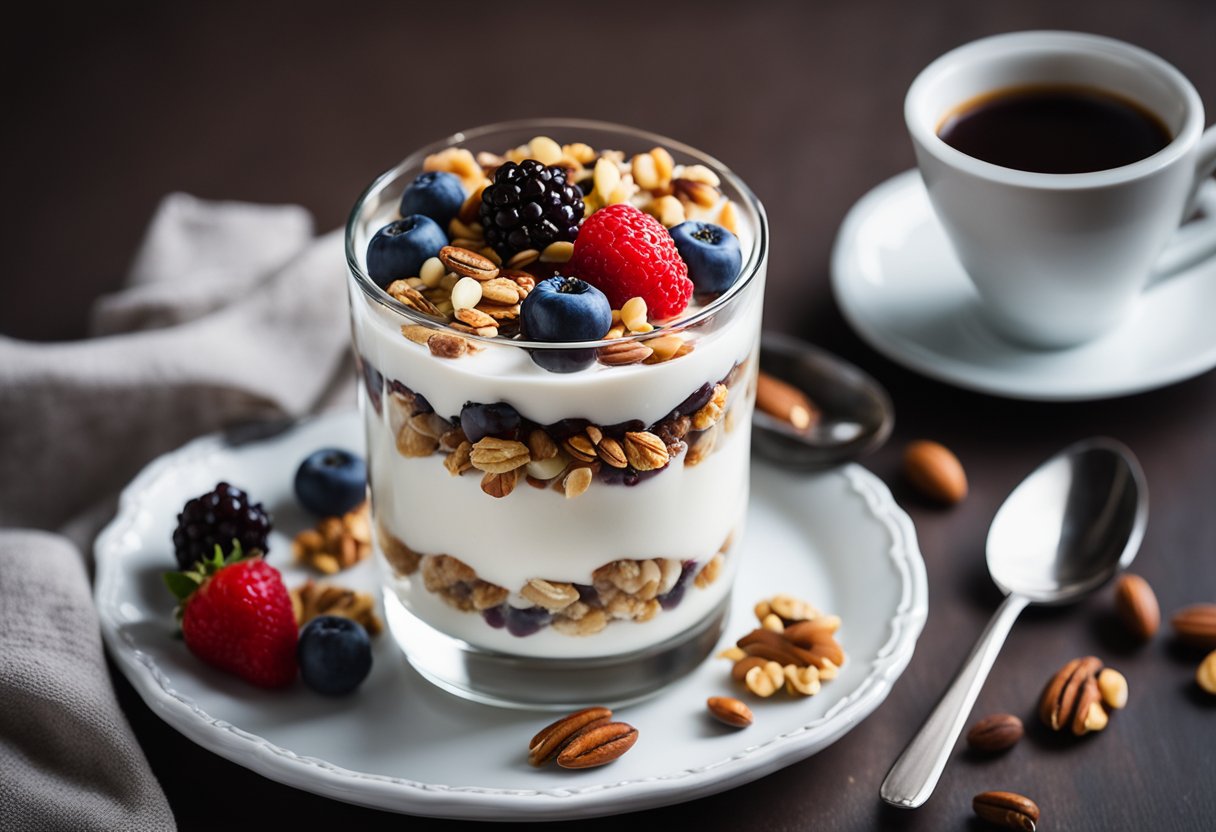 A keto yogurt parfait with layers of berries, nuts, and granola sits on a tray next to a cup of black coffee and a small vase of fresh flowers