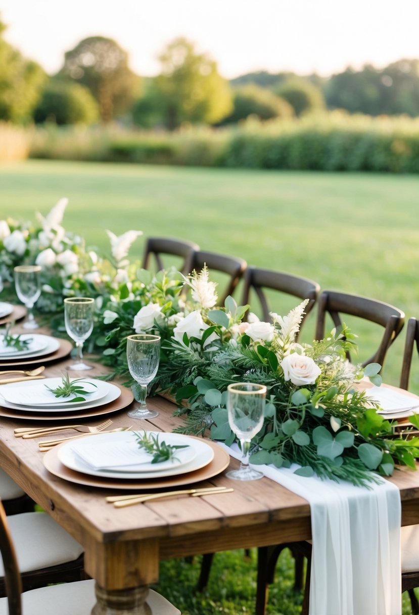 A rustic wedding table adorned with lush greenery accents and simple, budget-friendly decorations