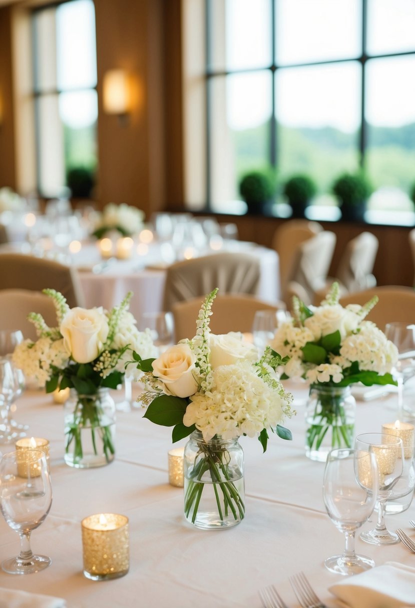 A table adorned with dollar store centerpieces, featuring simple yet elegant decorations for a budget-friendly wedding celebration