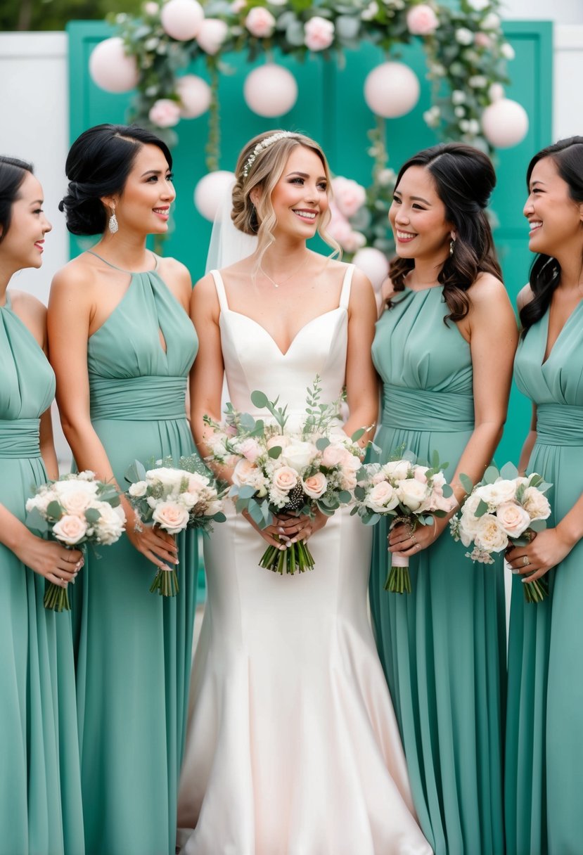 Sage green bridesmaid dresses with blush accents surrounded by sage green wedding decor