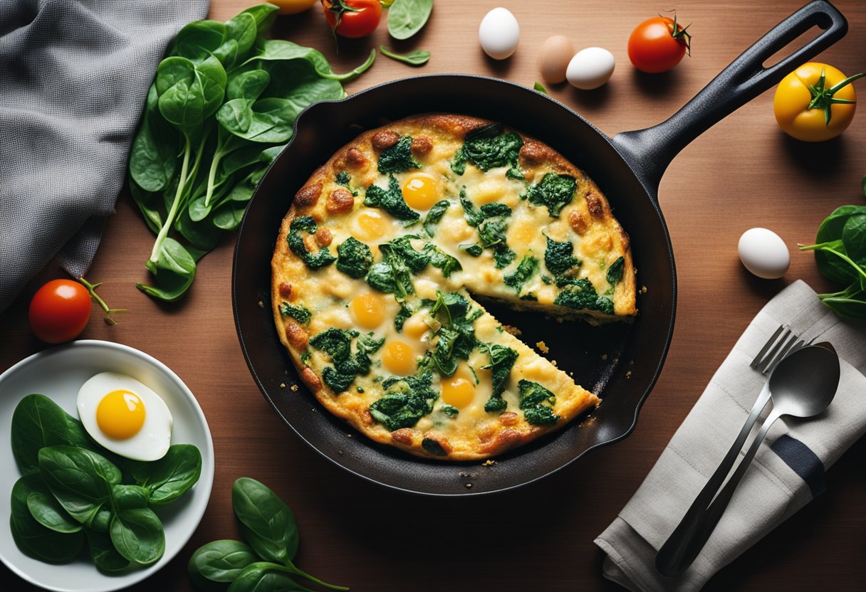 A colorful frittata sizzling in a skillet, surrounded by fresh spinach and eggs on a hotel room table