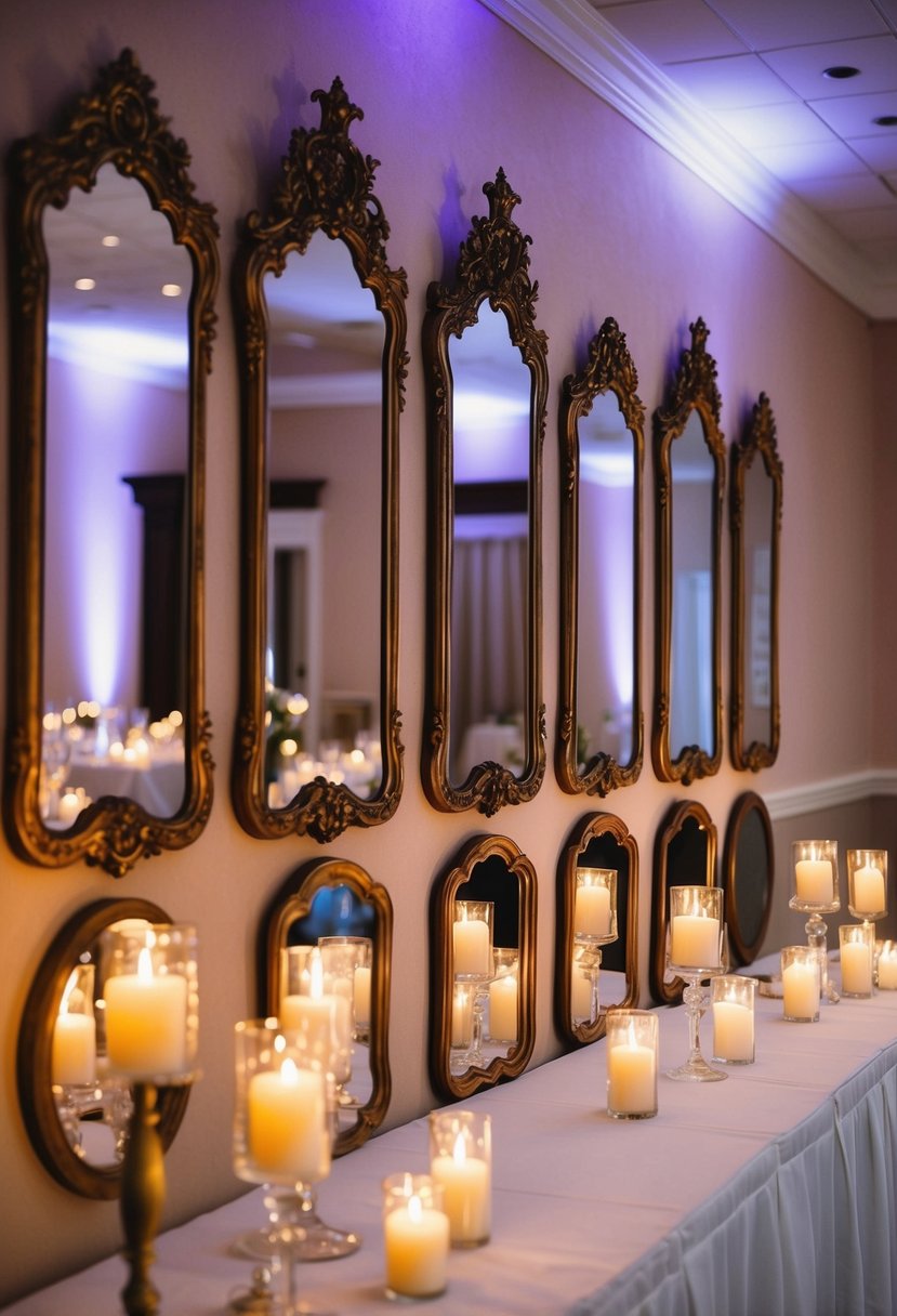 A collection of ornate mirrors arranged on a wall, reflecting the soft glow of candlelight in a dimly lit wedding reception hall