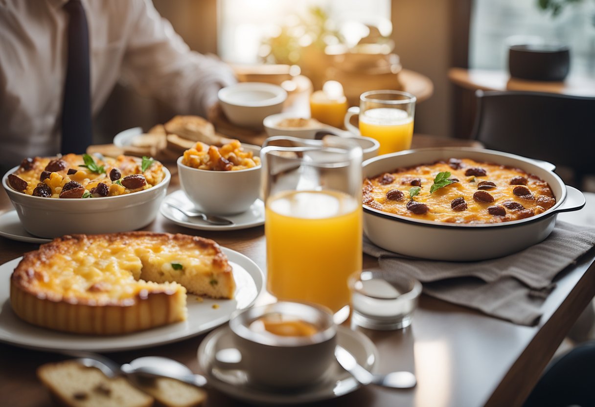 A hotel room breakfast spread with a sausage and cheese breakfast casserole, keto-friendly options, and a cozy setting