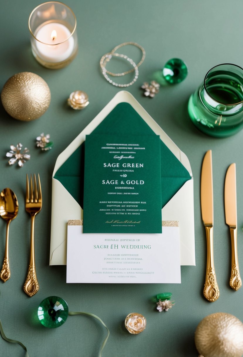 Sage green and gold invitations surrounded by sage green wedding decor