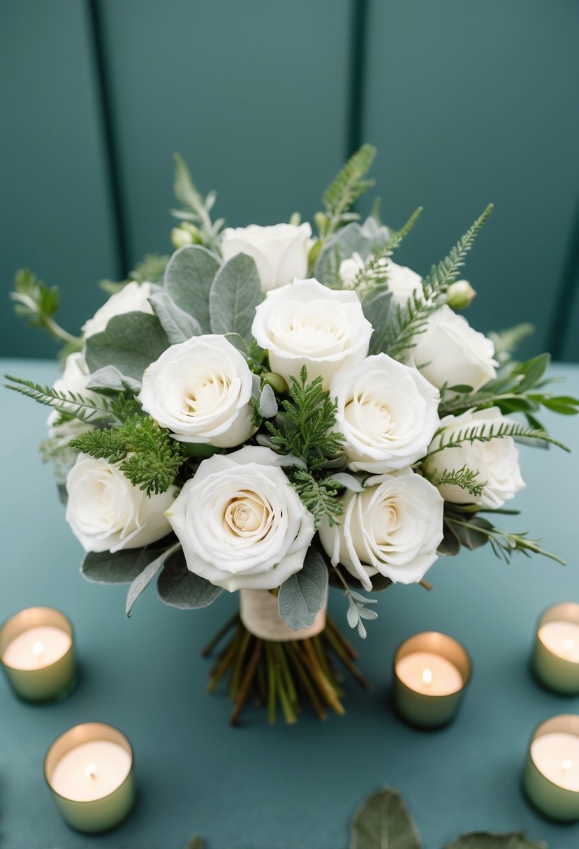 A bouquet of white roses and sage greenery, surrounded by sage green wedding decor