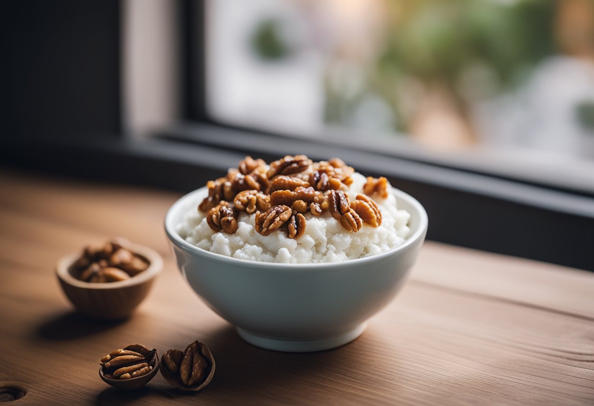 A small bowl of cottage cheese topped with walnuts and a sprinkle of cinnamon sits on a wooden table next to a window in a cozy hotel room