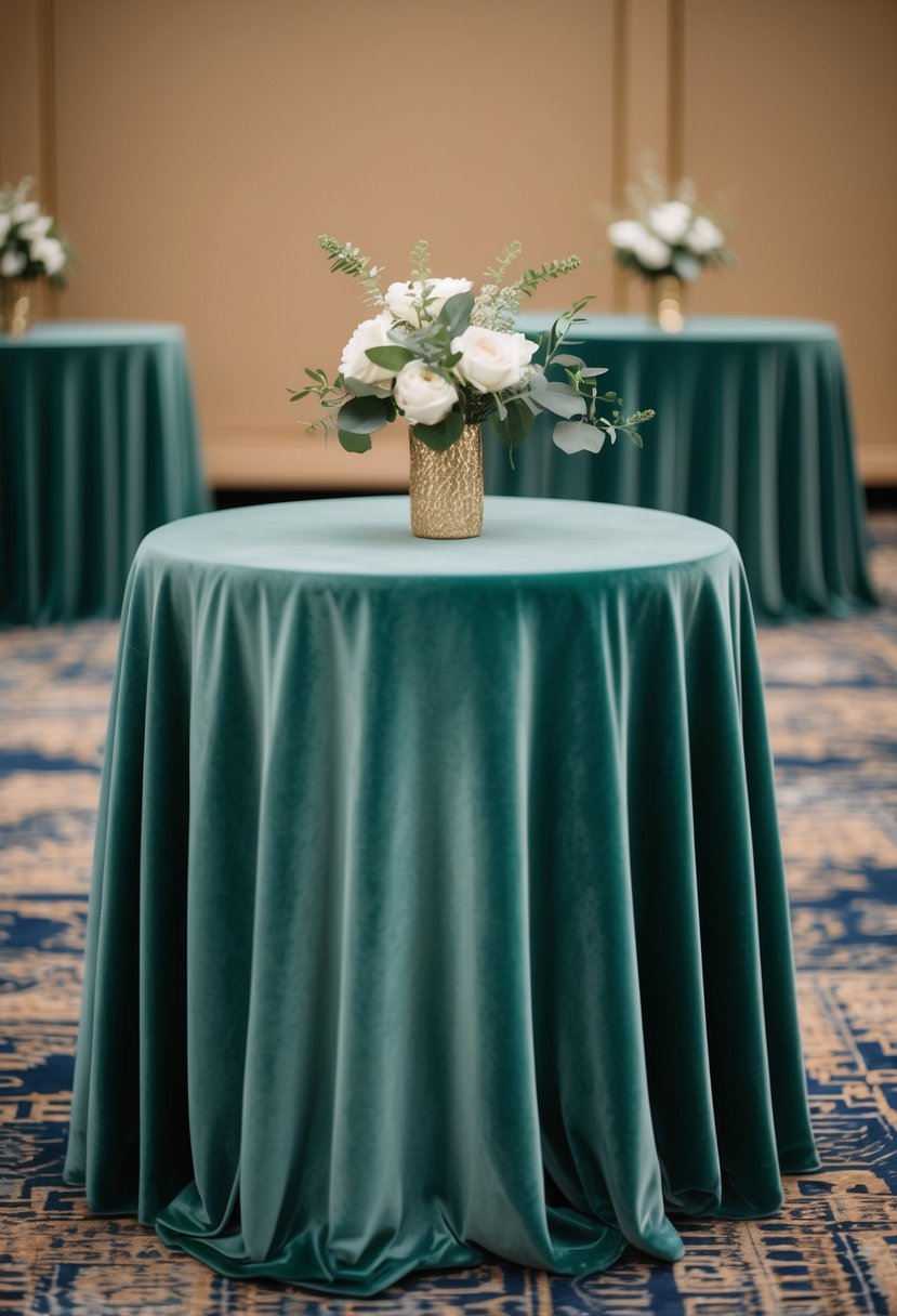 Sage green velvet tablecloths draped over tables with matching decor