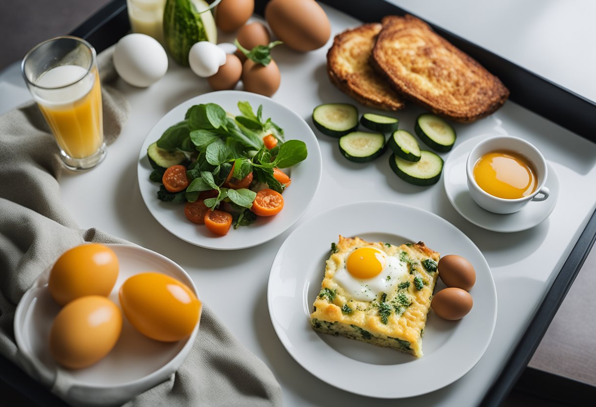 A hotel room breakfast tray with a zucchini and cheese egg bake, accompanied by a selection of keto-friendly items