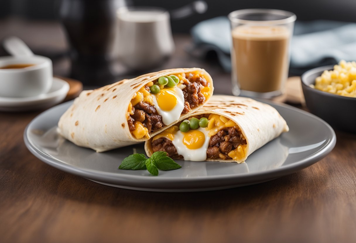 A keto breakfast burrito with sausage, eggs, and cheese sits on a plate next to a cup of black coffee