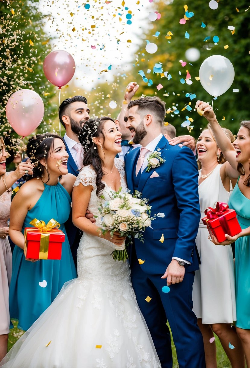 Friends surround bride and groom with confetti, balloons, and gifts, creating a joyful and festive atmosphere